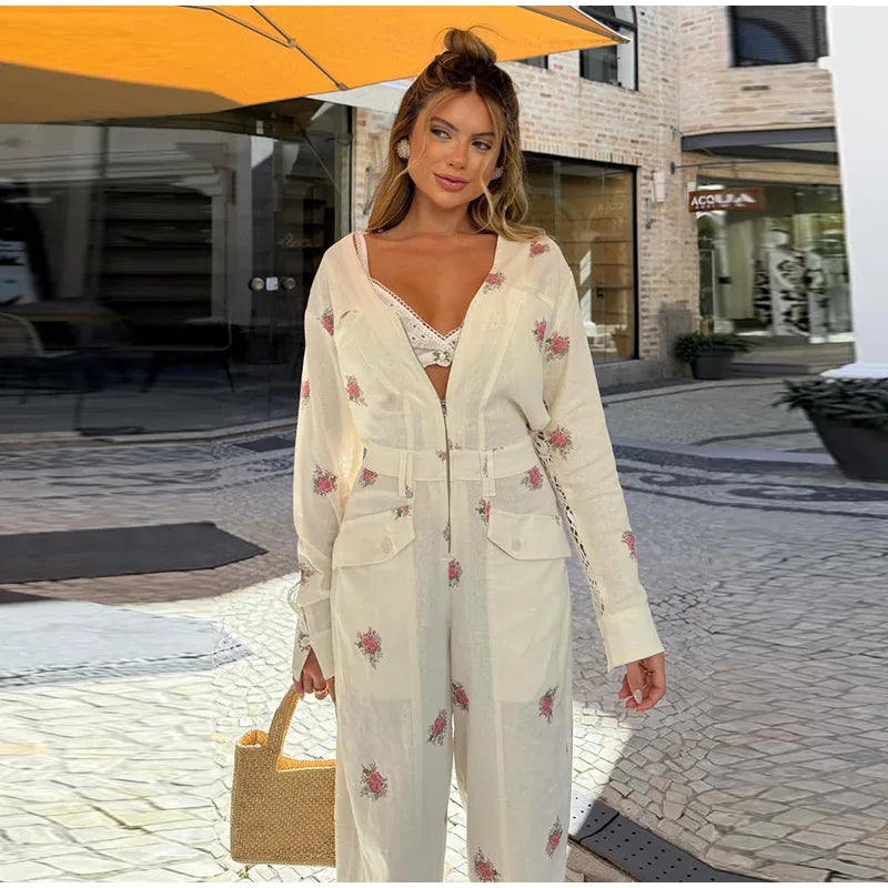 Casual Floral Printed Jumpsuits For Woman Sweet V Neck Full Sleeve Lace Spliced Pocket Lady Fashion street Clothing 2026