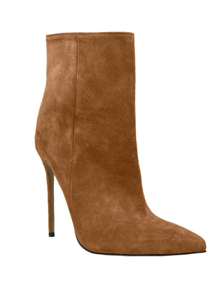 2025 Pointed High-heeled Short Boots Suede Fashion Runway Ladies Autumn and Winter 35-46 Plus Size Women Ankle Boots
