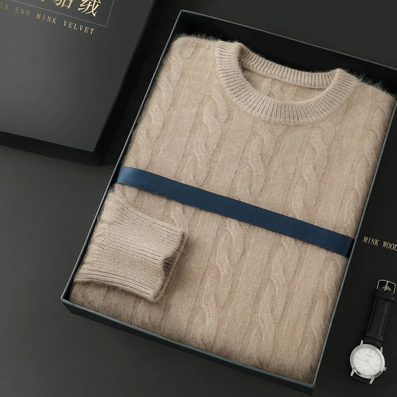 Men's Round Neck Pullover Sweater For Autumn Winter 100% Pure Mink Cashmere Knitted Sweater, Casual Long Sleeved Thick Warm Base