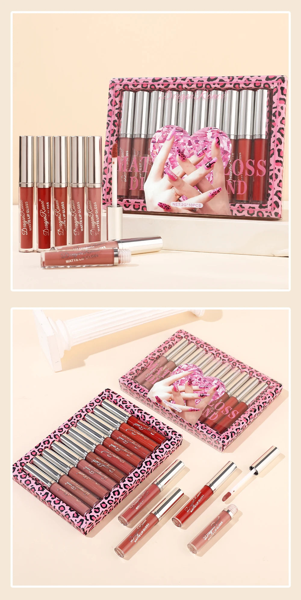 Lip Gloss Set of Ten in a Box, Velvet Soft Matte, Brightening, Versatile, Moisturizing Lipstick, Nude Color, Long-Lasting, Non-Stick, Non-Fading Lip Gloss