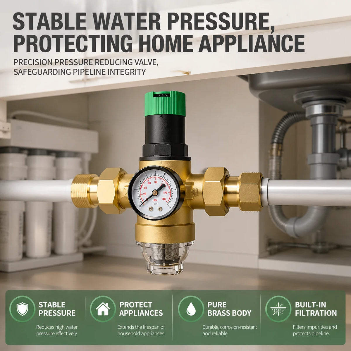 1/2" 3/4" 1" Brass Adjustable Pressure Reducing Valve With Pressure Gauge Cross-border Pressure Stabilizing Valve