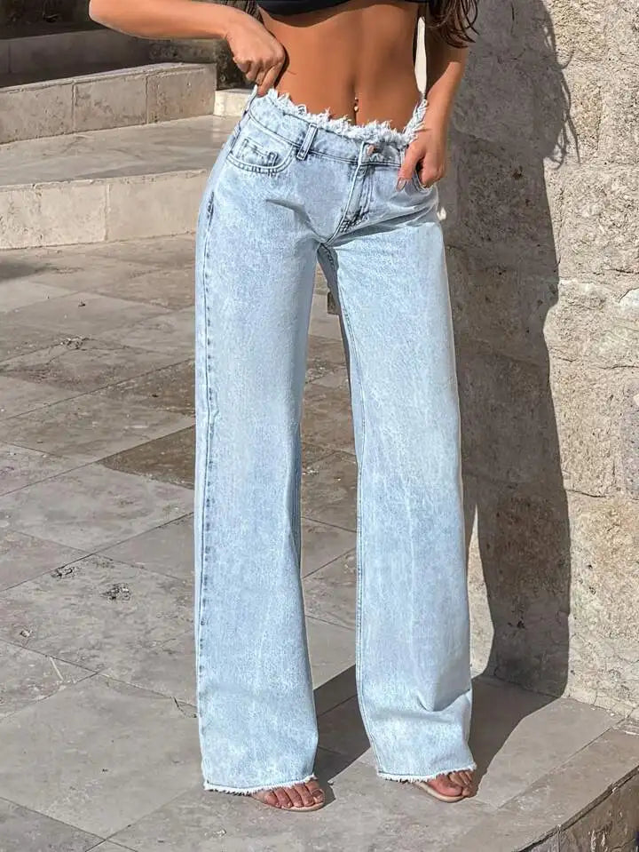 European Low Waist Frayed Wide Leg Jeans Women Light Blue Washed Loose Straight Draped Pants Vintage Floor Length Trousers