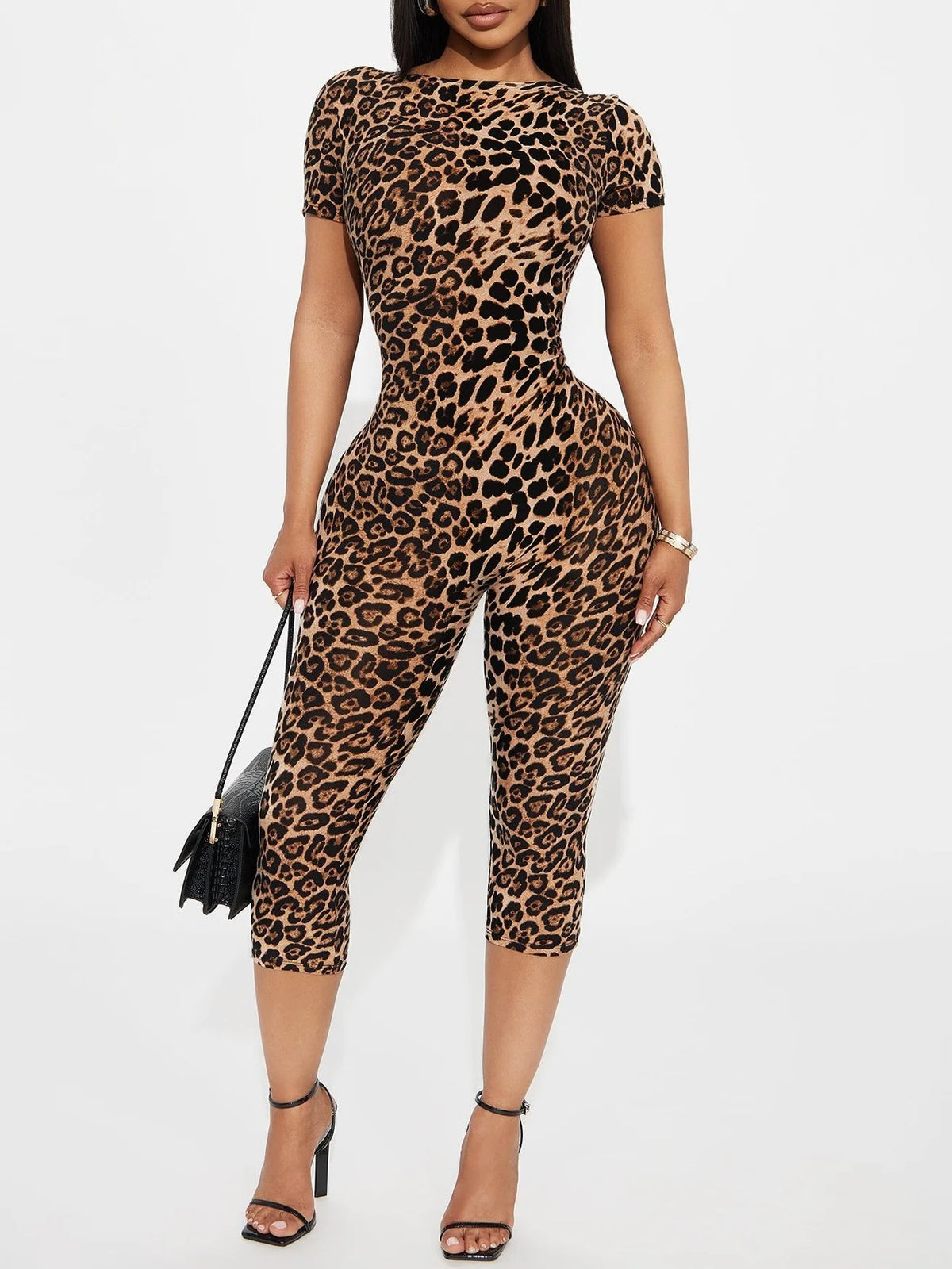 Custom LOGO women's clothing 2025 summer new leopard print short-sleeved backless slim-fitting fashion jumpsuit