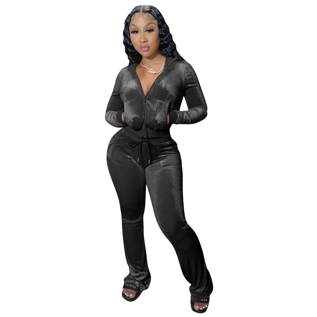 Hot Sale Fall Women's hoodie Set Zipper Pocket Crop Top Jacket Velvet Jogging suit Velour tracksuits Women Two Piece set