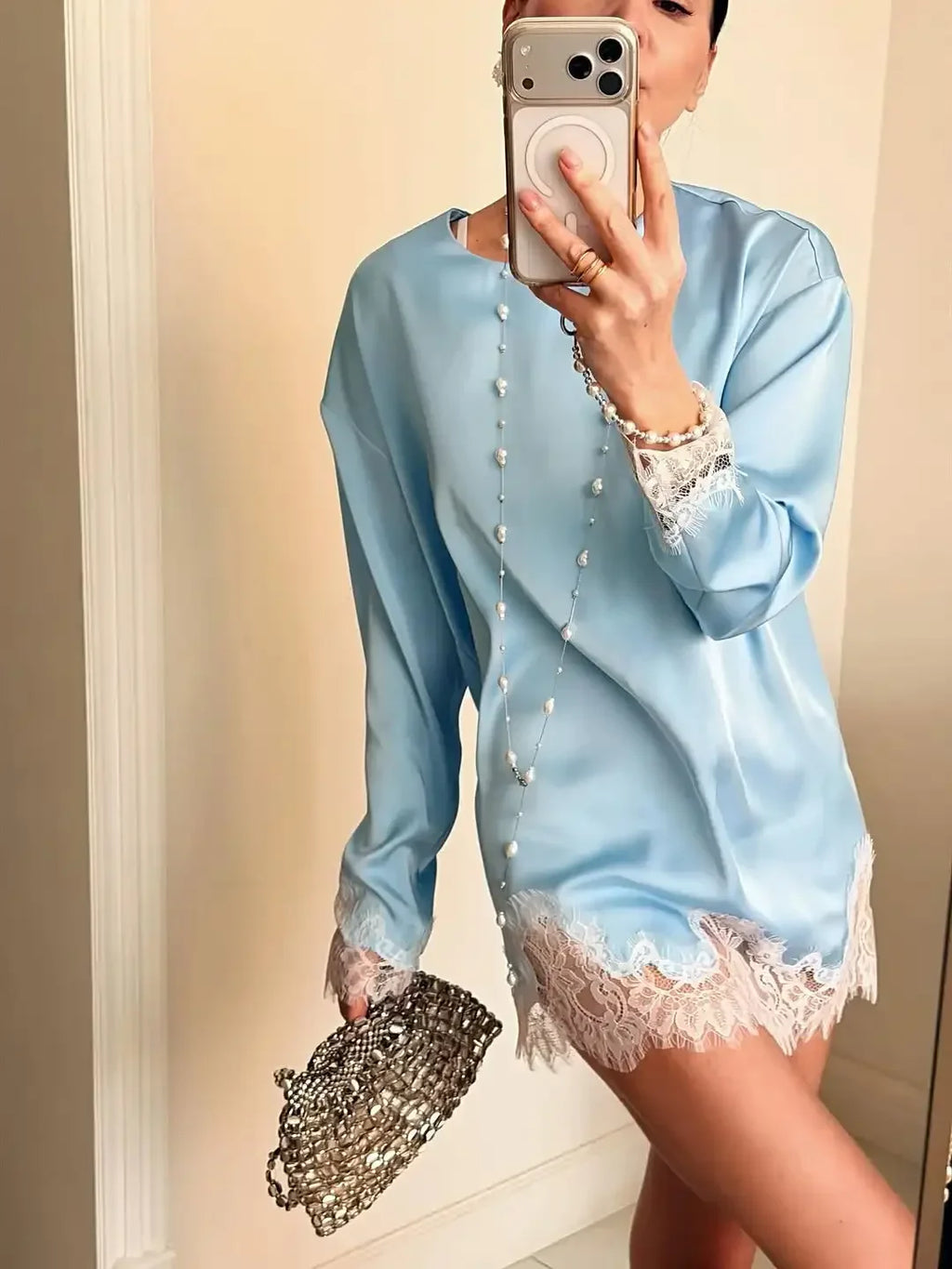 Satin Lace Patchwork Dress Women Long Sleeve O-neck Casual 2026 Spring Female Dresses Casual Solid Beach Robe not contain pearls