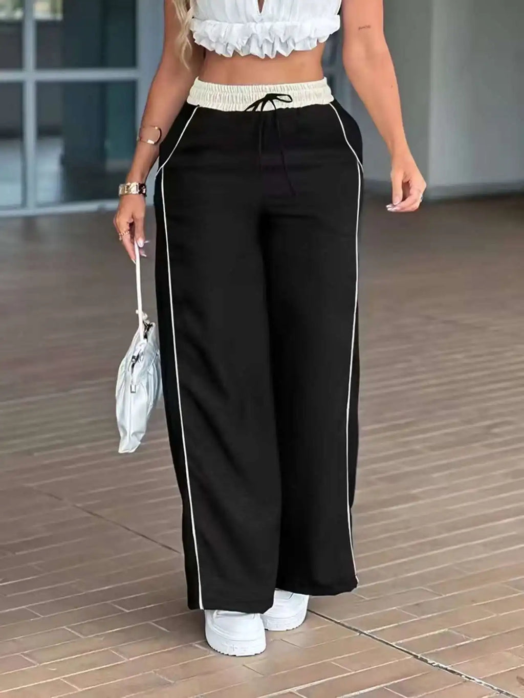 Women's Fashion Casual High Waist Straight Wide Leg Pants Color Block Patchwork Pockets