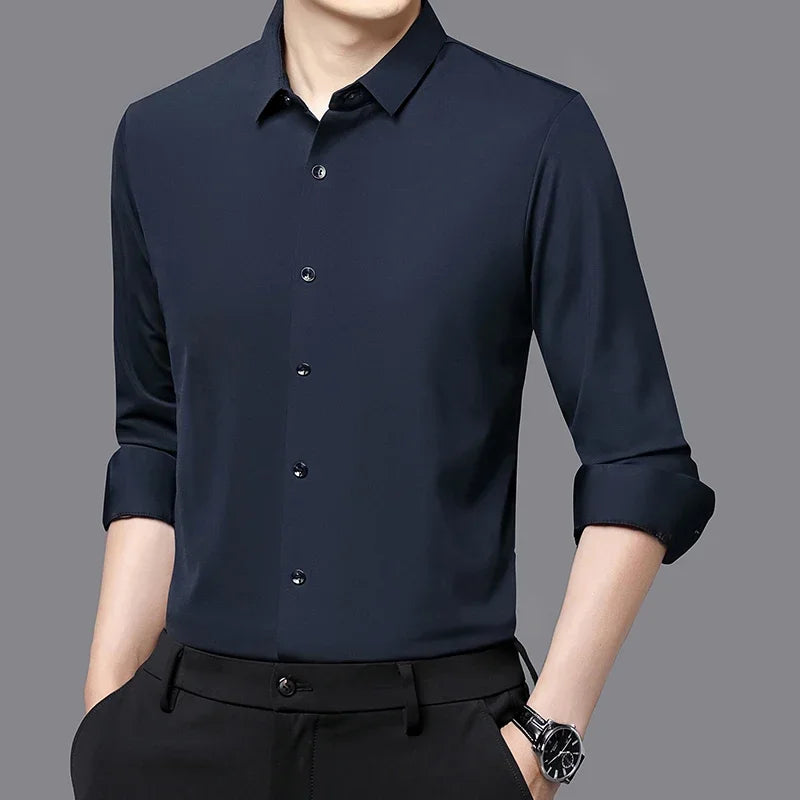Seamless Anti-wrinkle Business Silky High Elastic Spandex Men's Long-sleeved Shirt Formal Social Non-iron Solid Color Casual