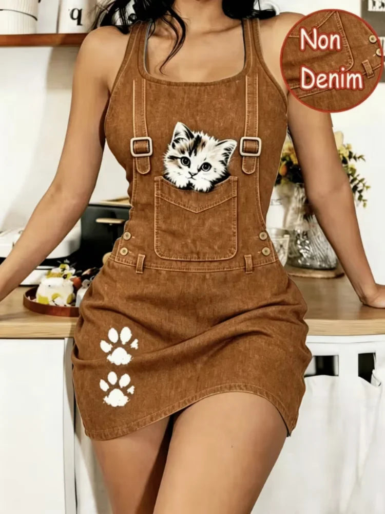 Women’s Spring and Summer Casual Home Wear, Tailored Waistcoat with Sleep Dress, Faux Denim, cartoon Cat Print, Sleeveless Sleep