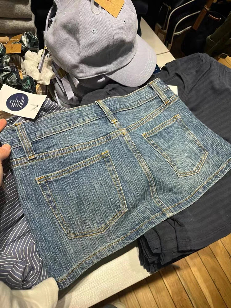 Vintage Denim Straight Mini Skirts Women Sexy Low Waist Pockets A-line Short Faldas Casual Streetwear Summer Cotton Skirt Y2k