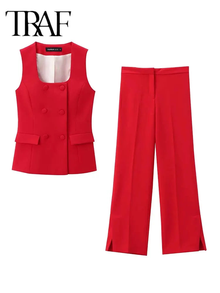 Women 2 Pieces Sets New Fashion Office Vest Top+Split Straight Leg Pants Women's Suit Formal Two Piece Set Women Outfit