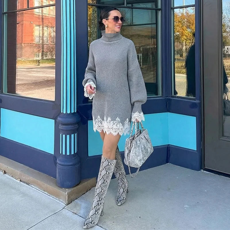 Elegant Women's Dress Stand Collar Full Sleeve Solid Lace Patchwork Knitted Female Dresses 2025 Winter Fashion Cozy Lady Robes