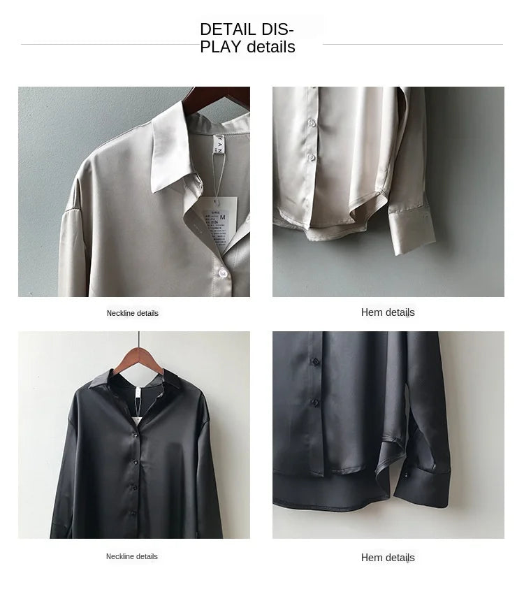 Fall Turn-down Collar Elegant Satin Loose Women Shirt 2026 Plus Size Blouse Autumn Vintage Casual Button Silk Tops