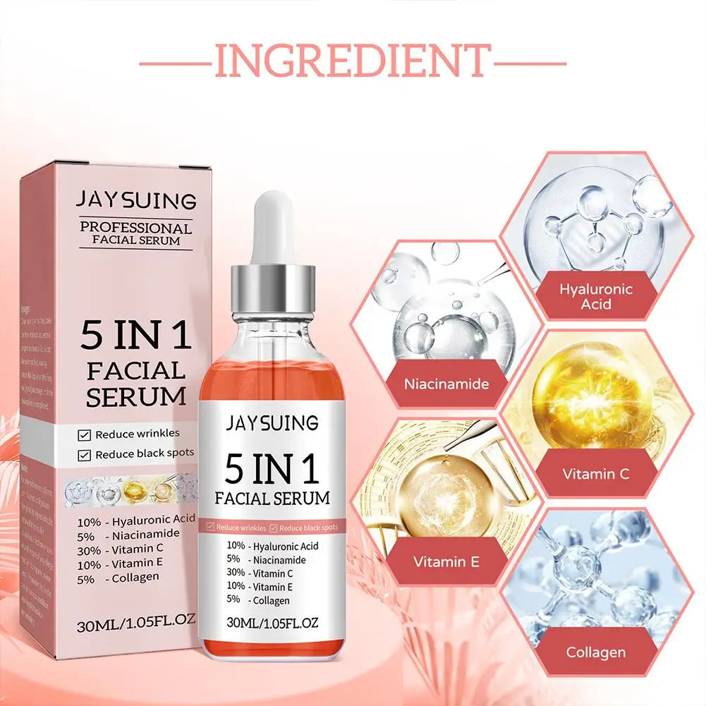 5 In 1 Face Serum Moisturizing Whitening Anti Wrinkle Aging Vitamin C Hyaluronic Acid Facial Serum Shrink Pores Skin Care 30ml