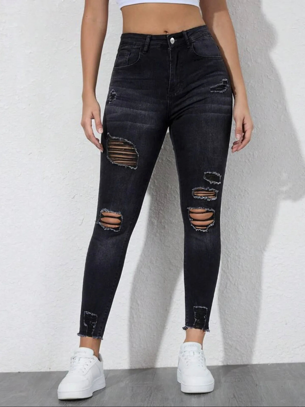 New In Women Fashion Mid Waist Ripped Hole Jeans Casual High Street Denim Pants Sexy Frayed Slim Fit Pencil Pants for Women