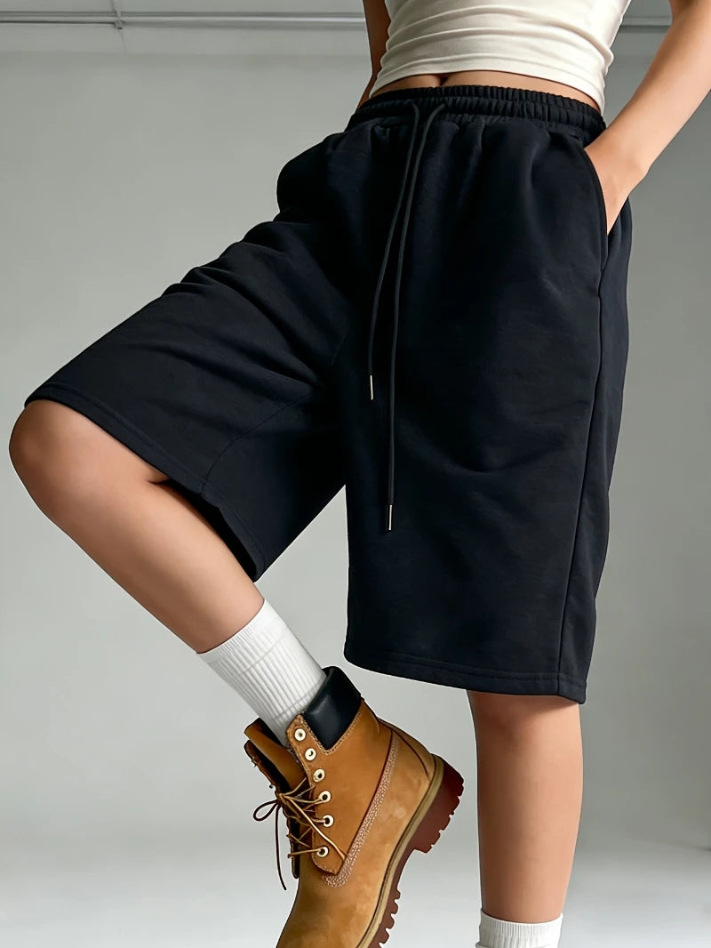 Women's Casual Sports Shorts, Elastic Waist, Wide Leg, Straight Leg, Five-Point Shorts, Loose Fit, Drawstring  short pants women