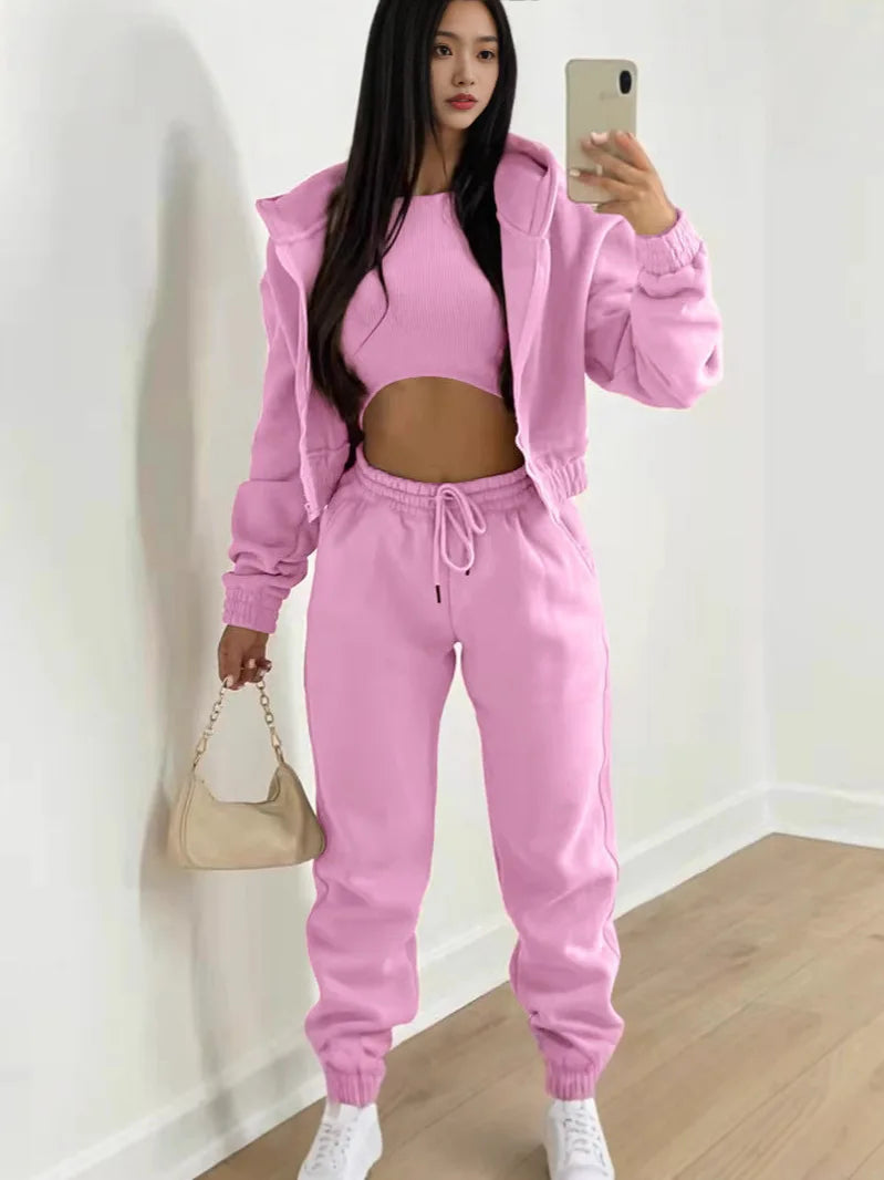Ladies Tracksuit Zippered Hooded Jogger Tracksuit Thermal Lined Trousers Tracksuit Fashionable Athleisure Cozy Ensemble