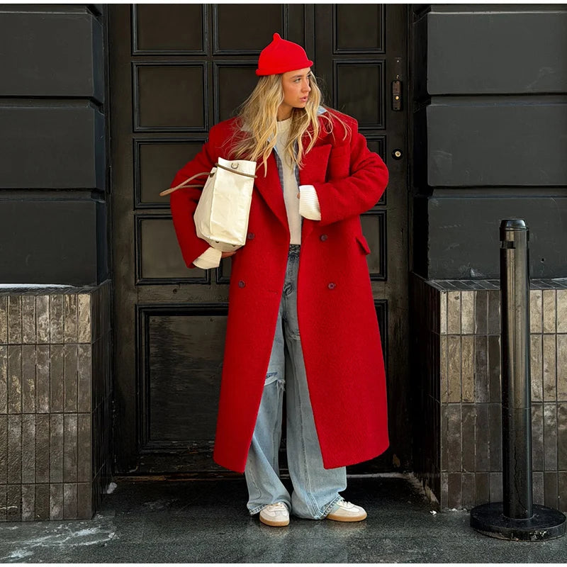 Elegant Women's Woolen Overcoat Solid Lapel Double Breasted Full Sleeve Long Coat 2026 Autumn Winter Fashion Lady Outwear