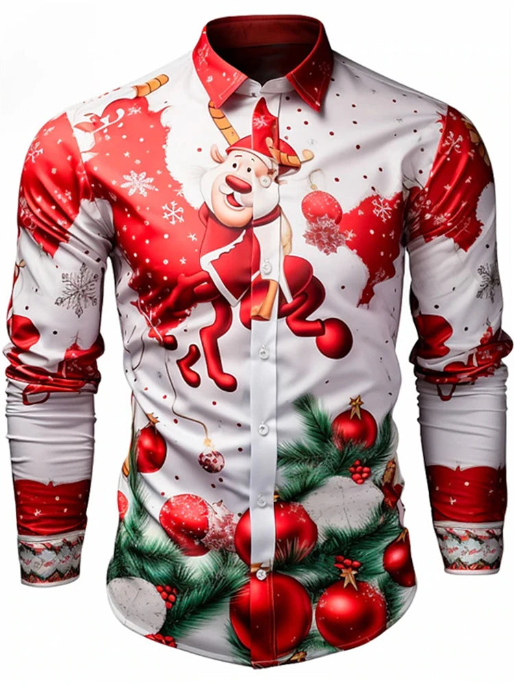 Gift Christmas Tree Print Men's Long Sleeve Shirt Urban Street Men's Fashion Christmas Shirt Autumn And Winter Casual Mens Shirt