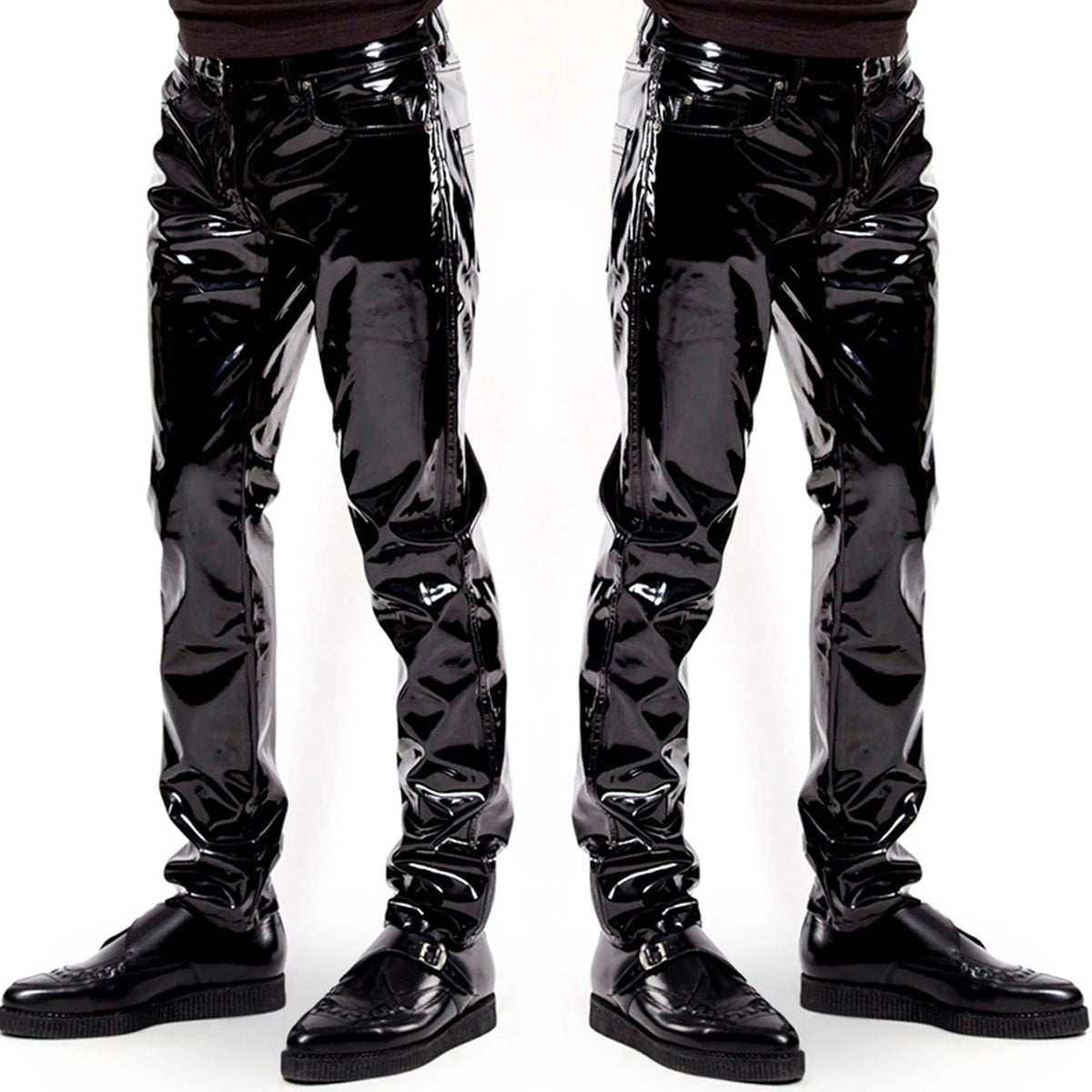 Men Latex Leather Pants Low Waist Faux Leather Shiny Pants Fashion Tight Trousers for Club Stage Show Rock Band Performance