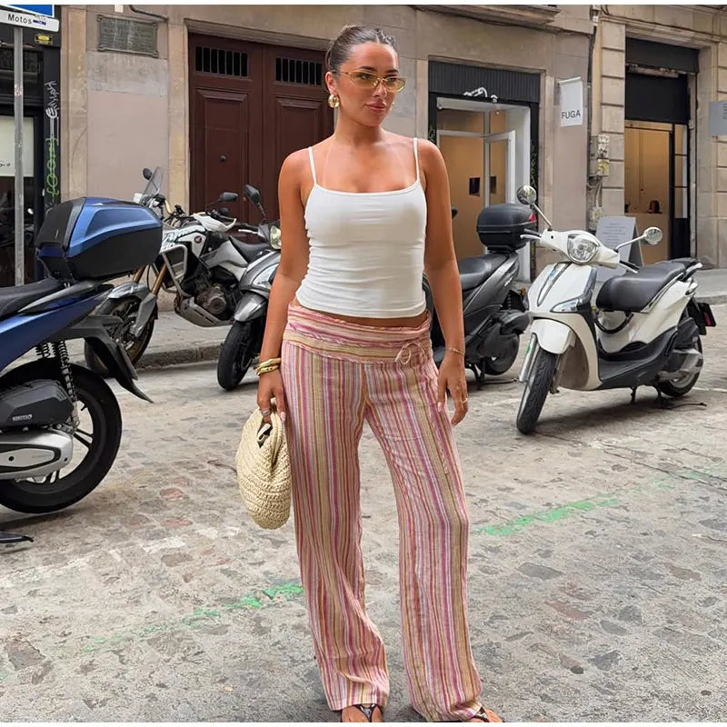 Striped Women's Trousers Low Waist Tie Casual Pants Vertical Stripe Floor Length Pants Daily Fashion Wear 2026 Collection