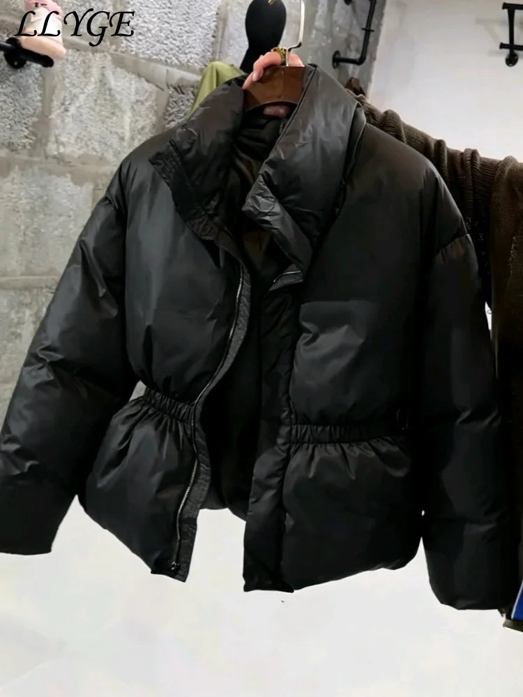 Casual Women's Waist Cinched Padded Cotton Coats Stand Collar Zipper Full Sleeve Coat 2026 Autumn Winter Lady Down Jacket New