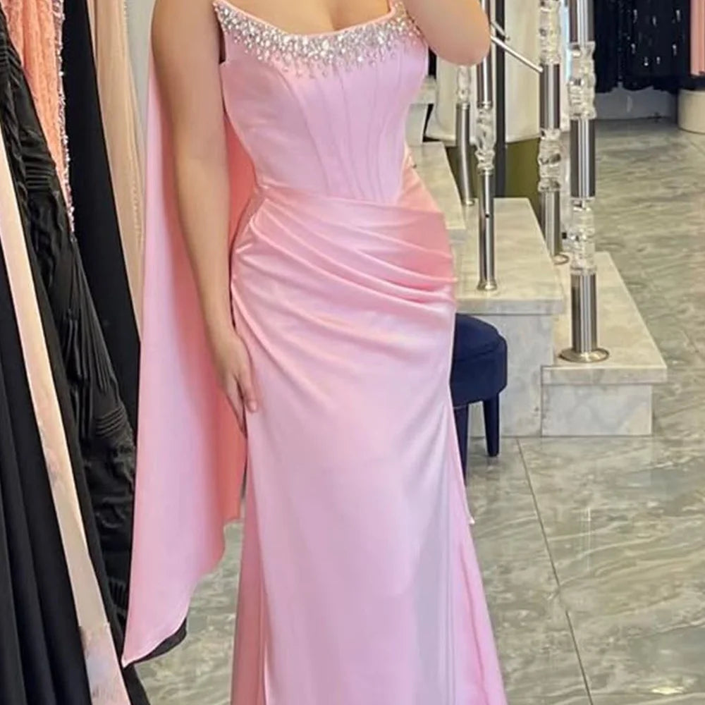 Pink Satin Strapless Evening Dress For Women Chic Pleat Sparkly Beaded Diamond Formal Occasion Mermaid Gown Prom Dress Robes