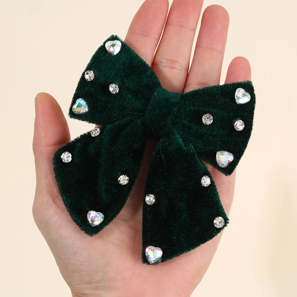 Velvet Bow Hair Clips with Heart Rhinestone Detail, 2-Pack