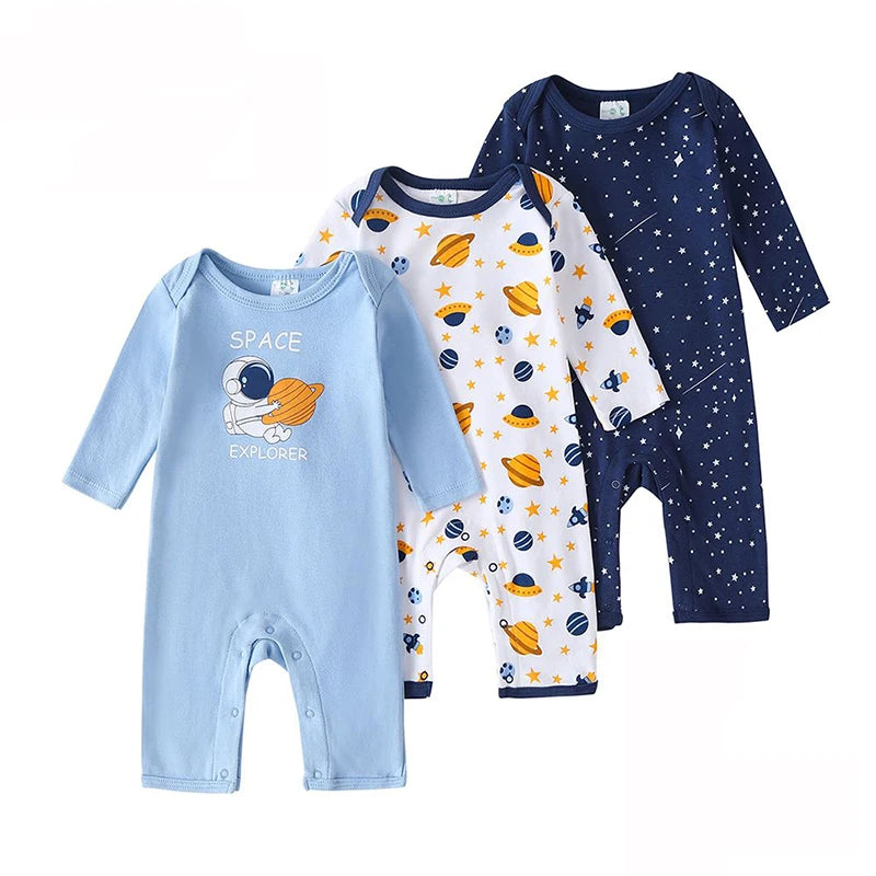 Kit 3 Baby Rompers Long Sleeve Footless Printed Infant Boy Girl Clothes