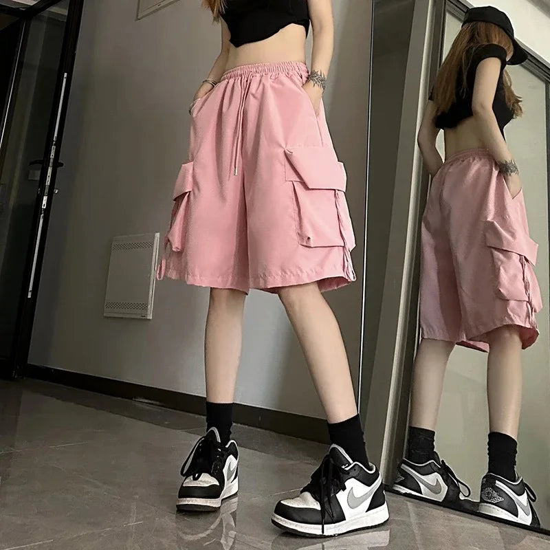 URBANCREW High-Waist Cargo Shorts — Loose Streetwear Fit