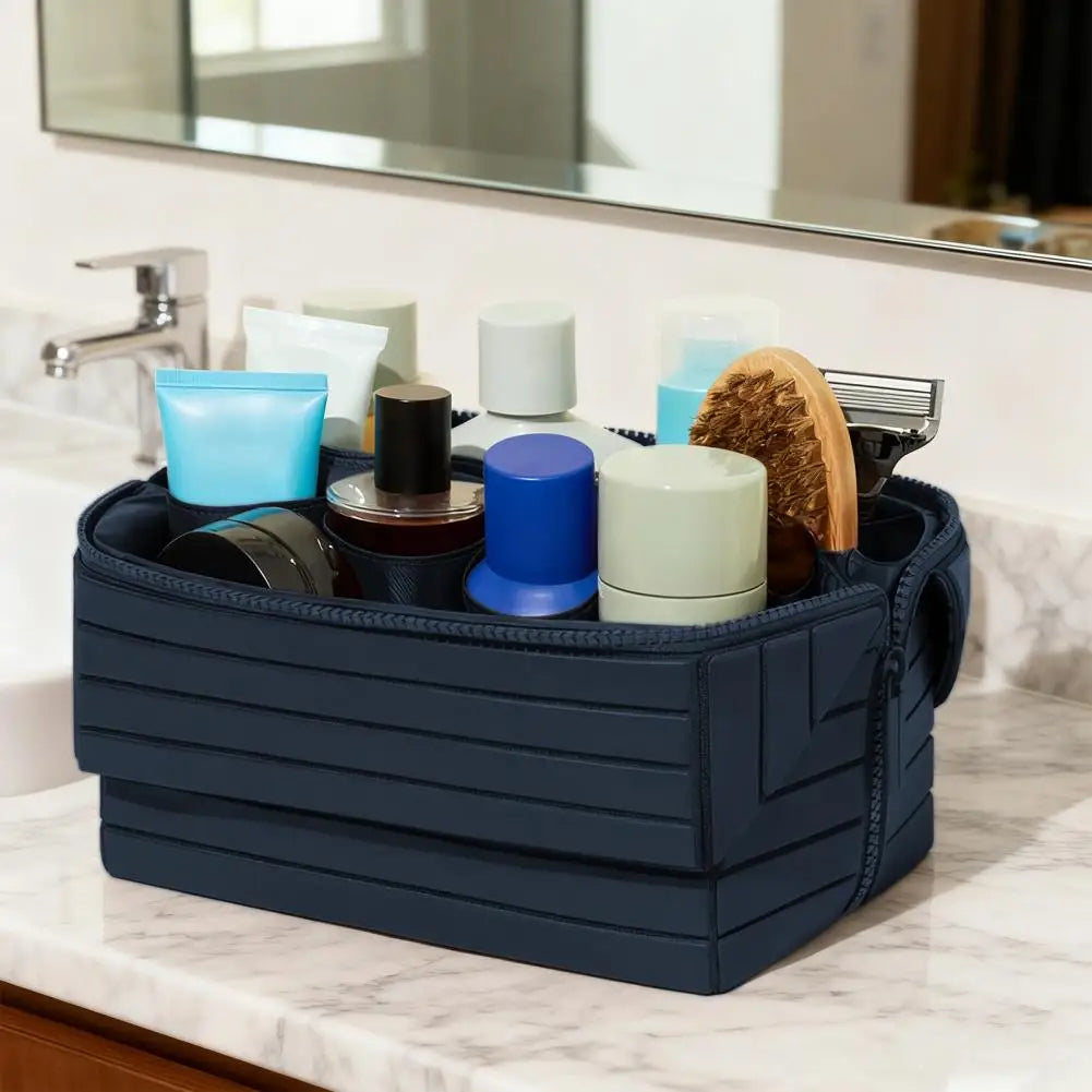Fold-Down Travel Makeup Bag Waterproof Large Toiletry Bag Hanging Cosmetic Organizer with No-Spill Compartments for Makeup Use