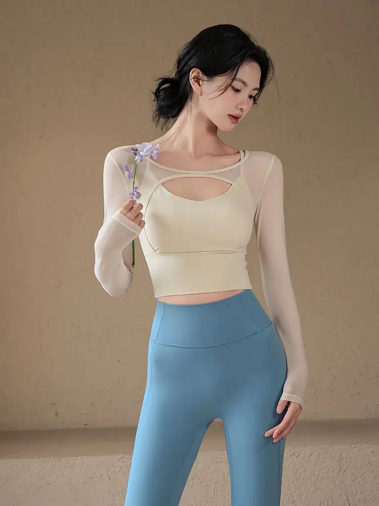 American Sle Yoga Clothes Long Sve T-irt Women Sexy Hollow out Me Splice Sports Fitn Top with Chest Pad