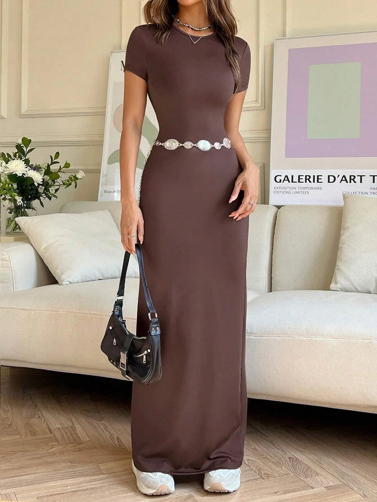 Short-sleeved Solid Color Slim Sexy Waisted Spring And Summer Temperament Dress Women's Round Neck Elegant Long Dress For Dinner