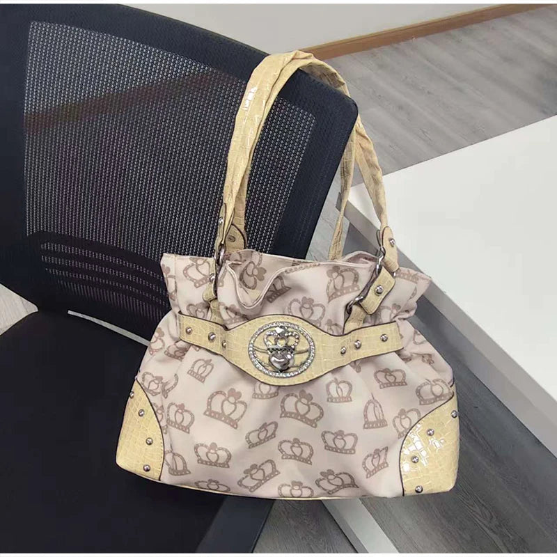 Luxury Women Rivet Handbag,Y2k Girls Metal Studded Underarm Shoulder Bag,Niche Belt Buckle Commuter Chic East-West Tote Bag