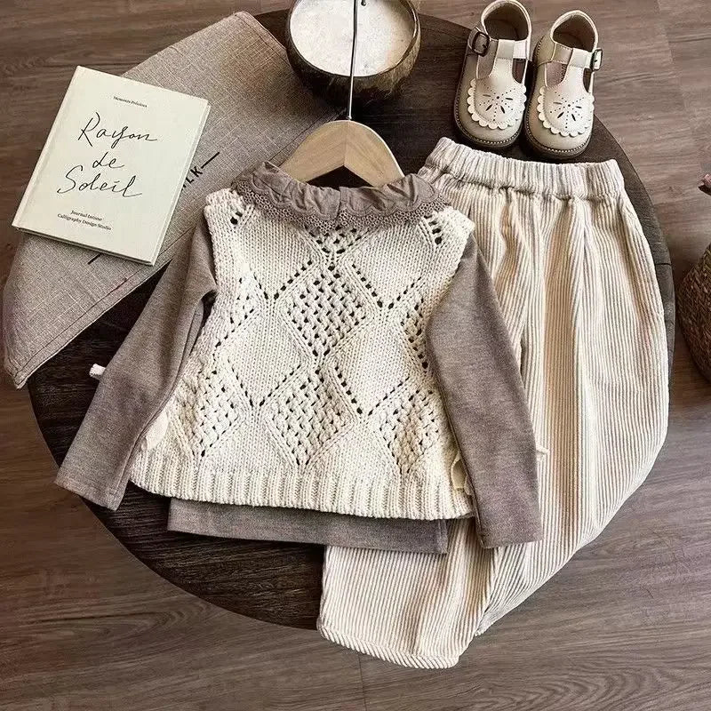 Childrens Clothing Set 2026 New Childrens Yarn Vest Base Shirt Baby Spring and Autumn Pants Three Piece Set