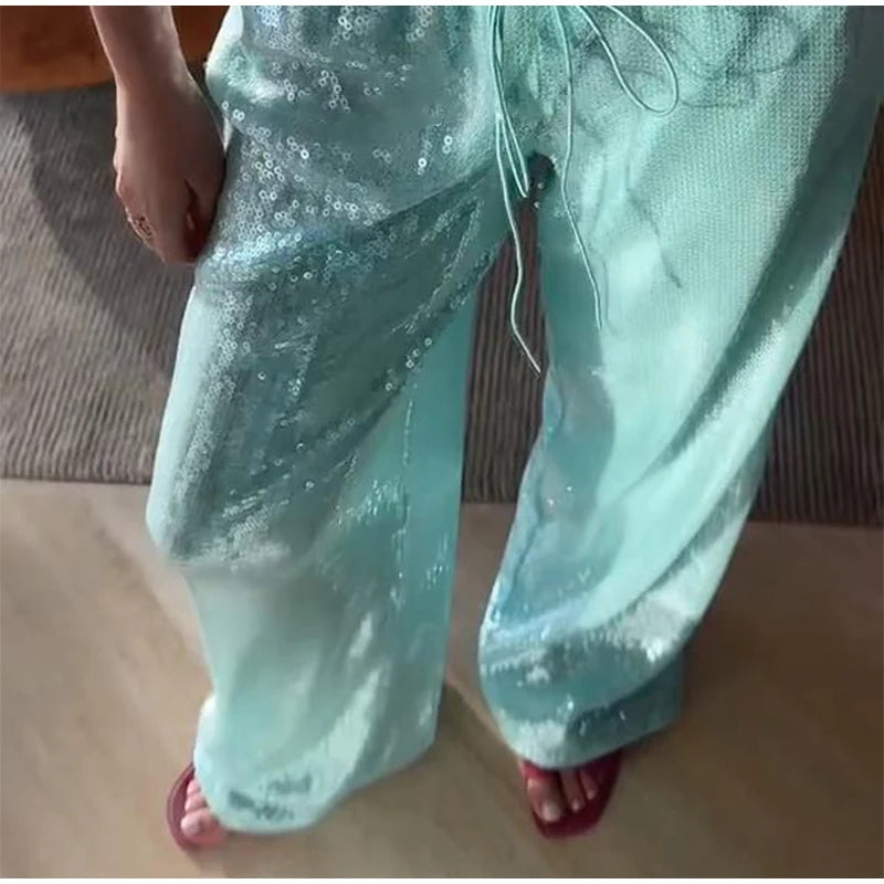 Casual Sequin Pants Women Loose Elastic Waist Wide Legs Trousers Female 2026 Autumn Winter Fashion Chic Solid Streetwears Lady