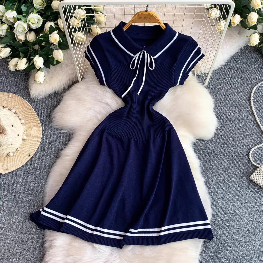 Summer Women Sweet Strechy Sundress Turndown Collar Short Sleeve Knitted Dress Lace Up Bow High Waist A-line Mini Dress