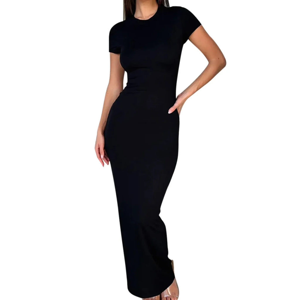Sexy Skinny Women's Bodycon Party Casual Fashion O-neck Short Sleeve Solid Color Wraped Hip Package LongFemale Sexy Fit Dresses