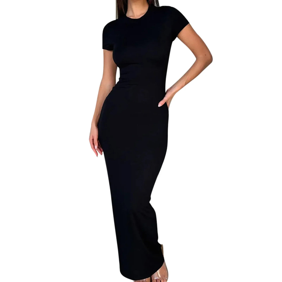 Sexy Skinny Women's Bodycon Party Casual Fashion O-neck Short Sleeve Solid Color Wraped Hip Package LongFemale Sexy Fit Dresses