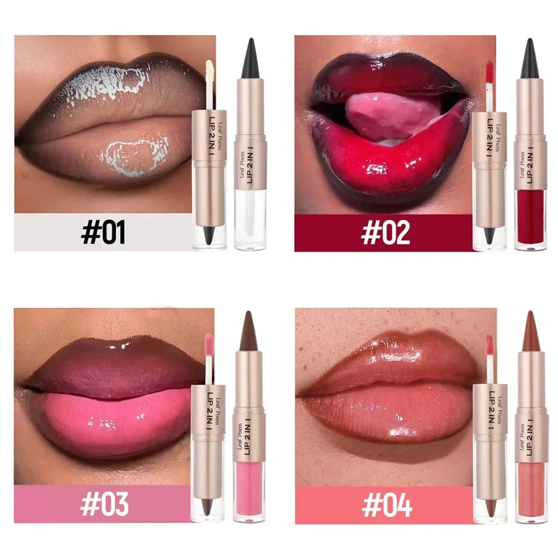 2IN1 Tapered Gradient Lipliner Pen Nude Brown Mirror Glass Lip Gloss Matte Lip Liner Waterproof Lip Contour Non Stick Makeup