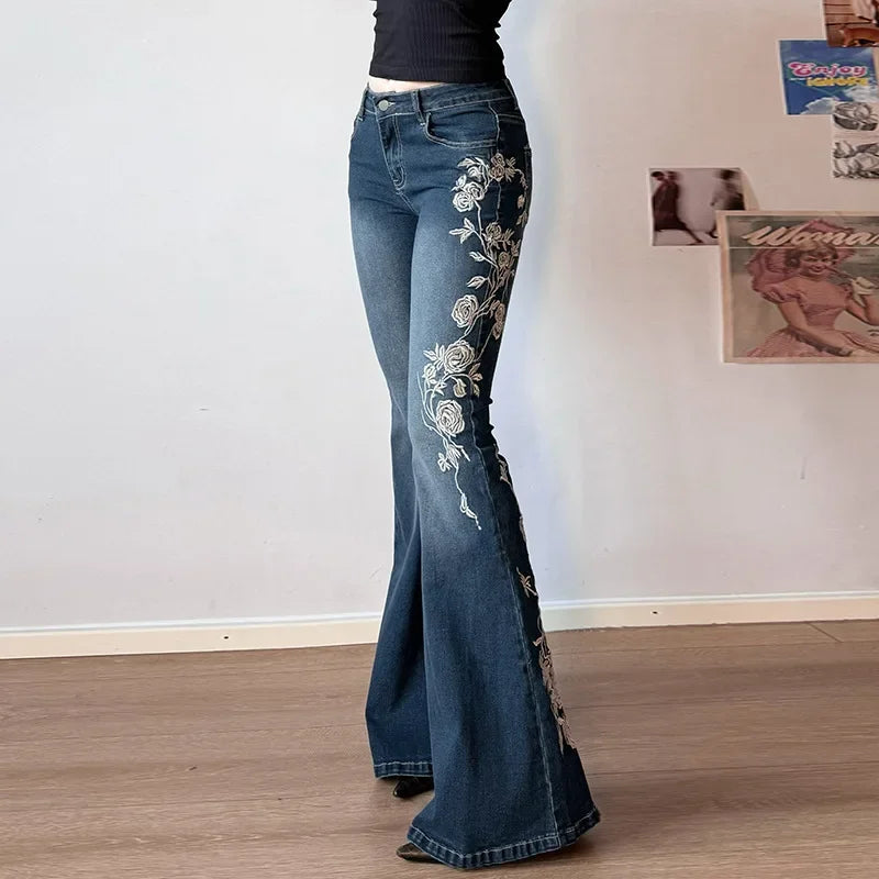 URBANCREW Y2K Embroidered Flare Jeans — Vintage Streetwear