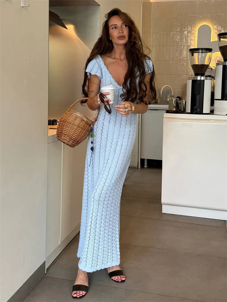 Tossy Ruffled Hollow Out Knit Long Dress Women V-Neck Fashion Patchwork See-Through Beach Holiday Dress Knitwear Female Dress