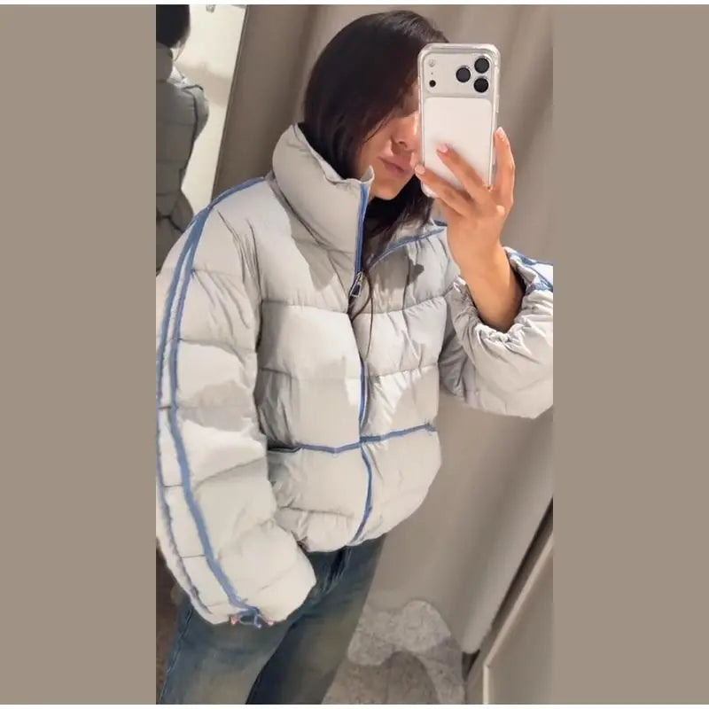 Casual Contrasted Color Women's Cotton Coats Zippers Stand Collar Loose Lady Thicken Jackets 2026 Autumn Winter Female Tops New