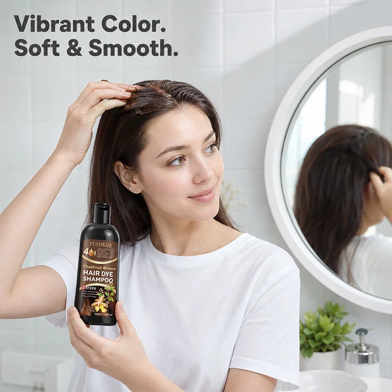 YUITIKUE 4 IN1 Chestnut Brown Hair Dye Shampoo Shine Color Moisturizing Care Long Lasting No Fading Healthy Hair 100ml