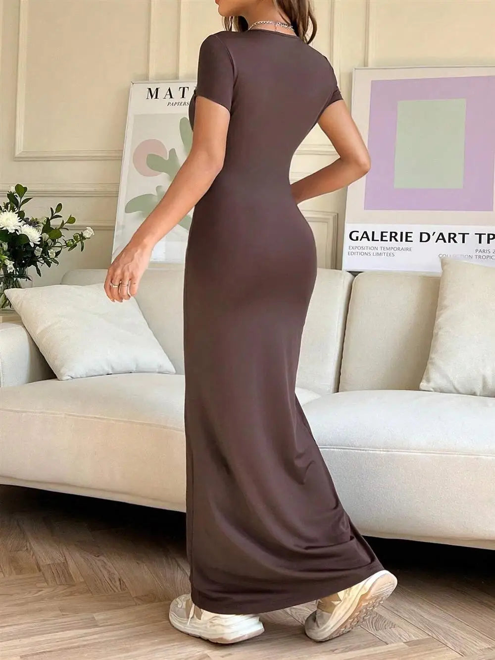Sexy Slim Fit Short Sleeve round Neck Dress Pure Color Long Dress for Women LinJ2026 Casual European Style mid Waist Skirt