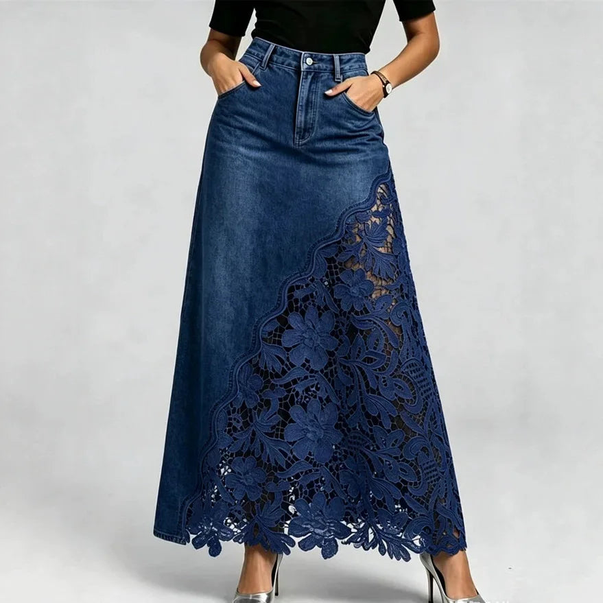 2026 Temperament Washed Denim Lace Splicing Long Hip-wrapped Skirt