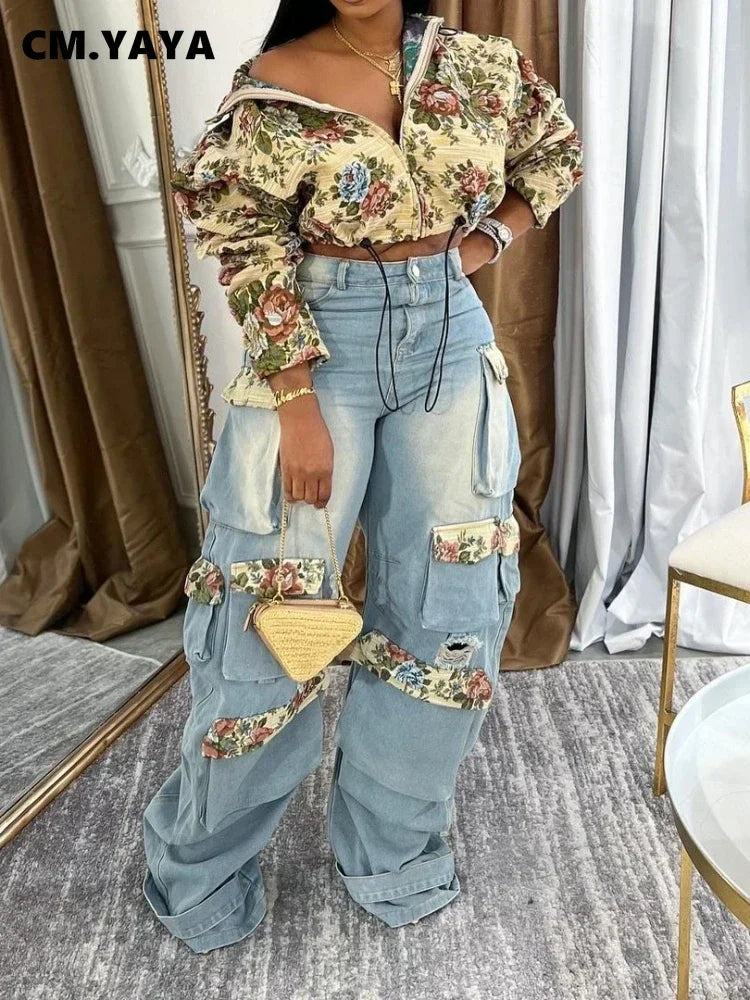 URBANCREW Floral Denim Jacket & Cargo Jeans Set — 2-Piece Streetwear