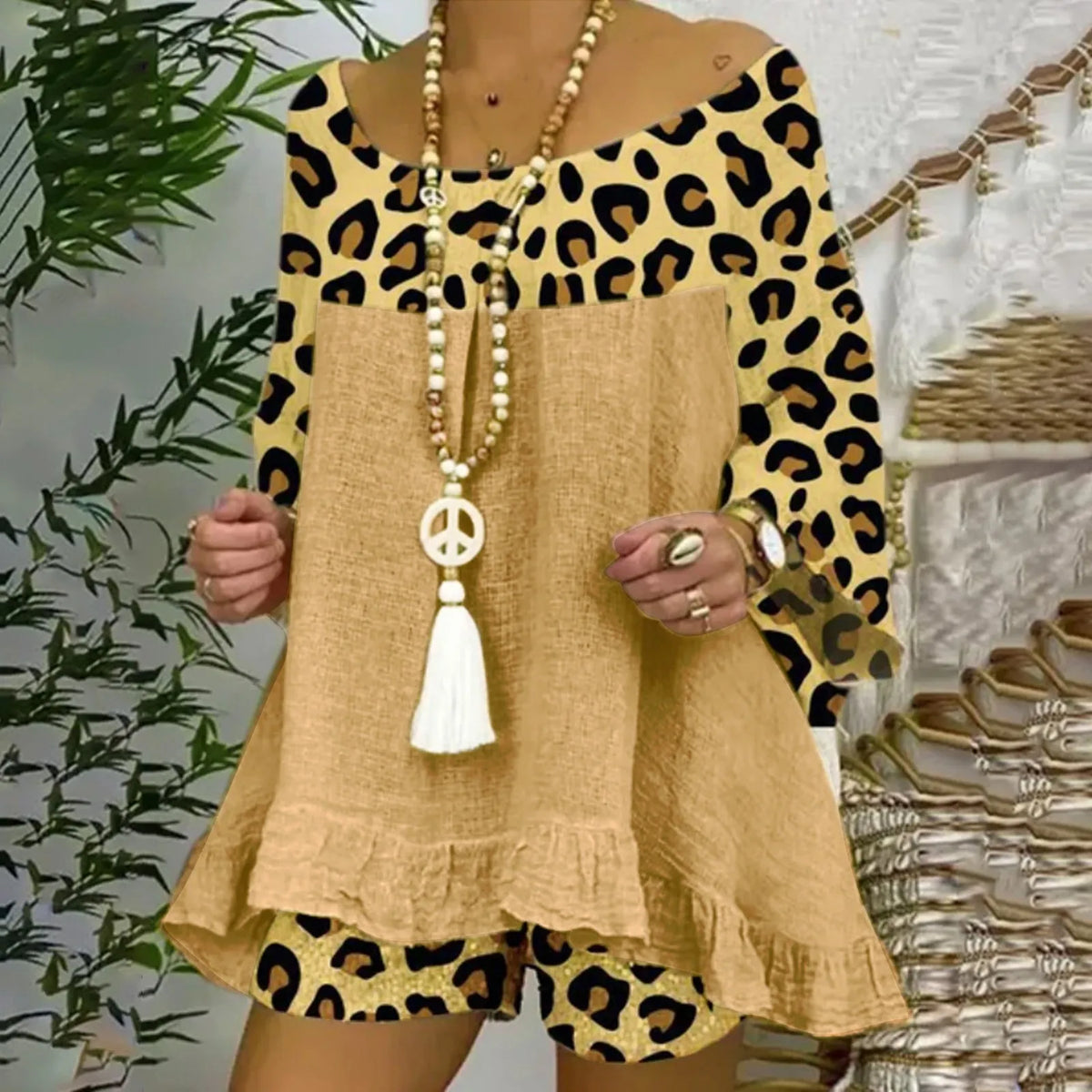 Summer Vintage Leopard Patchwork Outfits Set Cotton Linen Shirt Tops And Loose Shorts Suit Casual 3/4 Sleeve Women Two Piece Set