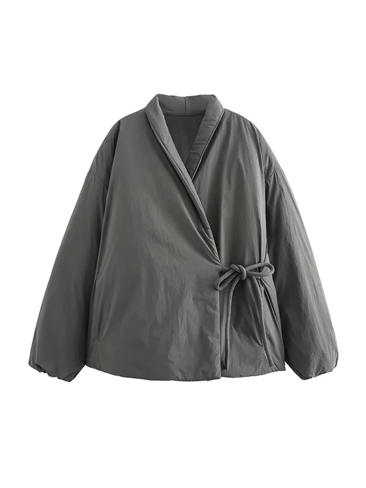 Fashion Lace Up Padded Cotton Jacket Women 2025 Winter Casual Loose Parkas Coat Vintage Outwear Female Warm Quilted Outerwears