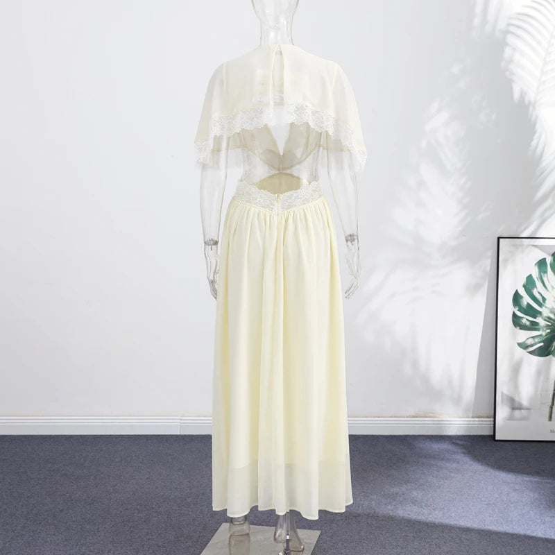 Lightweight Chiffon V-Neck Lace Insert Waist Maxi Dress Cutout Puff Sleeve 2026 Summer Women Party Dress Trendy Chic Lady Outfit