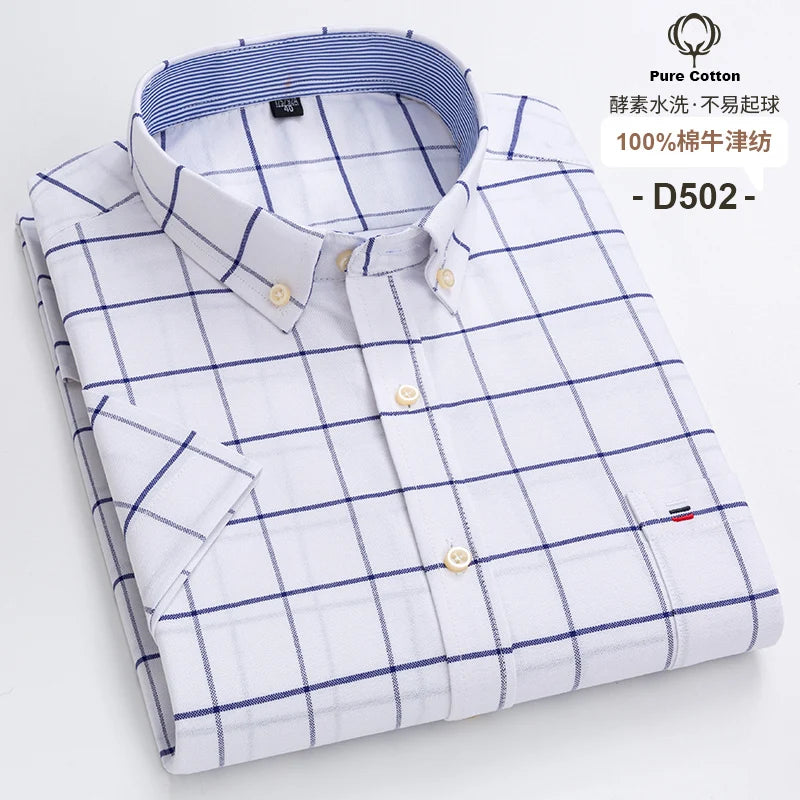 100%Pure Cotton Oxford Men's Shirts Short Sleeve Plaid Soft Regular Fit Formal Dress Shirt Social Blouse Male Clothes 6XL 7XL